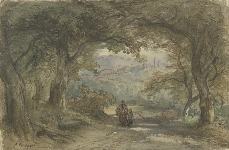 Waldweg mit Ausblick auf ein Dorf av Anton Burger