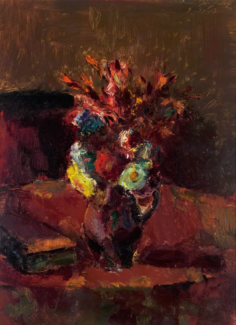 Blumenbouquet mit rotem Tischtuch av Anton Faistauer