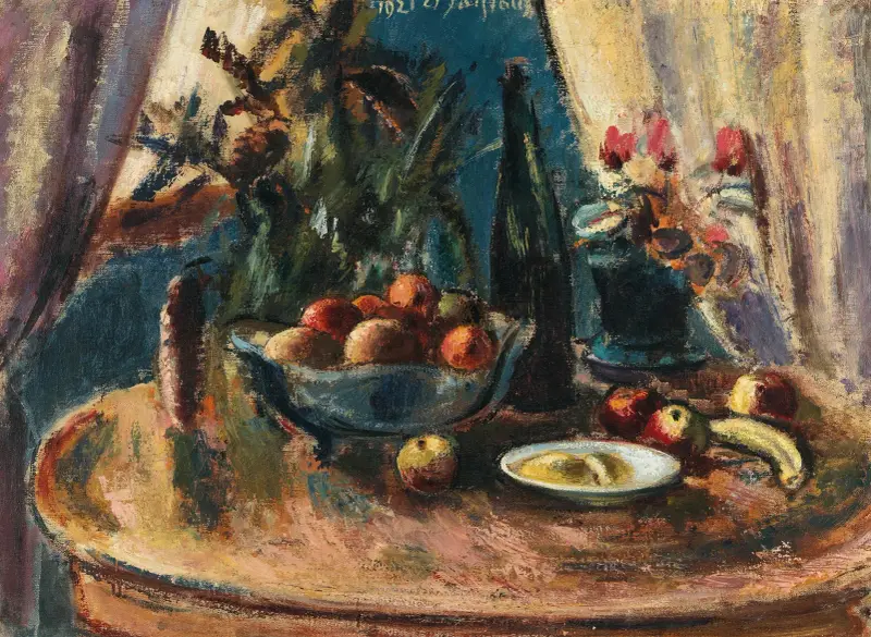 Stillleben mit Früchten und Weinflasche av Anton Faistauer