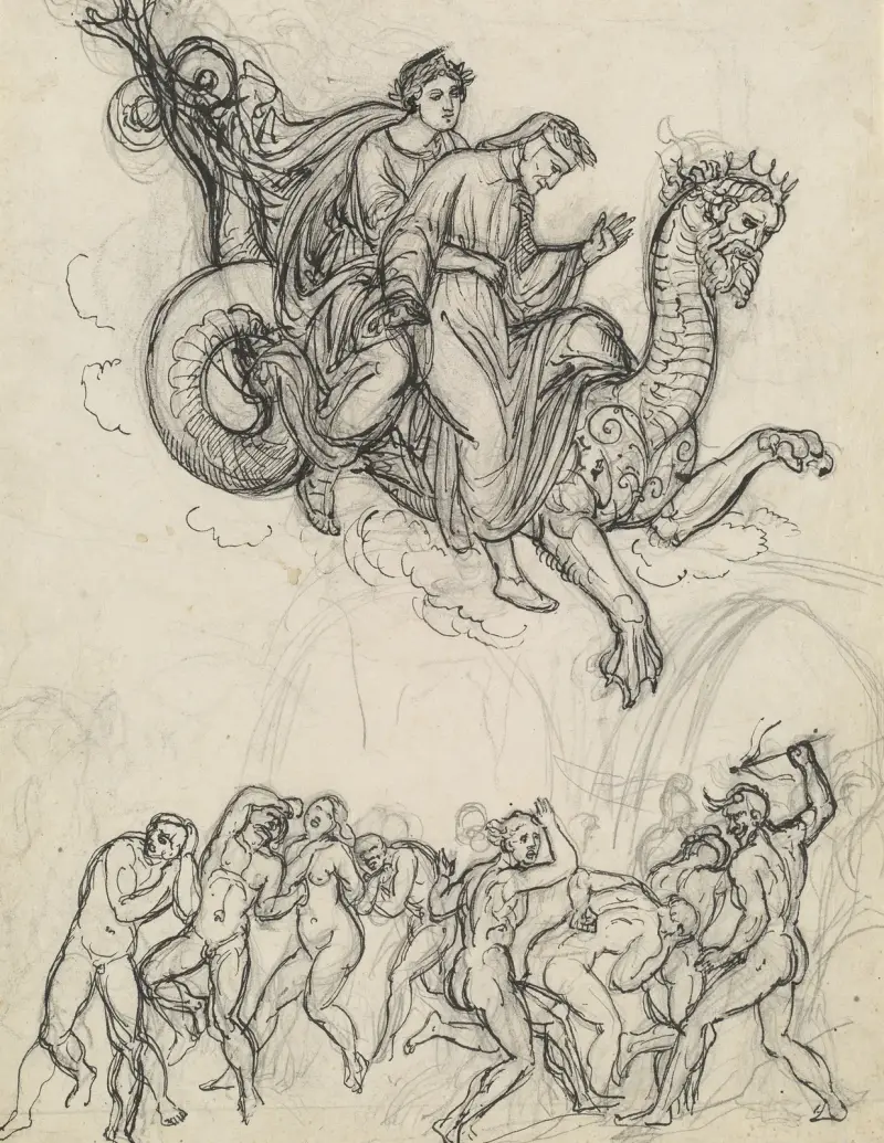 Dante and Virgil Riding on the Back of Geryon av Joseph Anton Koch