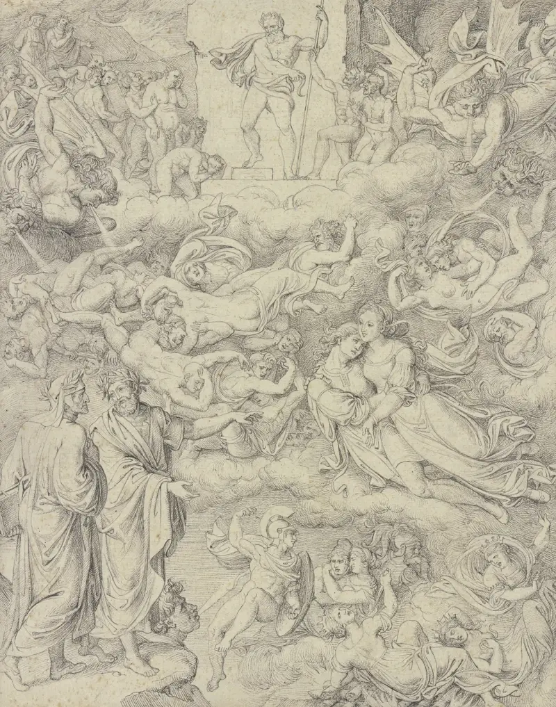Dante und Vergil erblicken Paolo und Francesca, oben der Höllenrichter Minos av Joseph Anton Koch