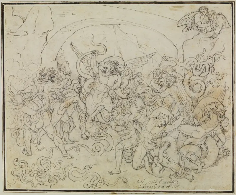 Die Strafe der Diebe im Tal der Schlangen und Drachen (Dante Inferno, Canto 25, V 17) av Joseph Anton Koch