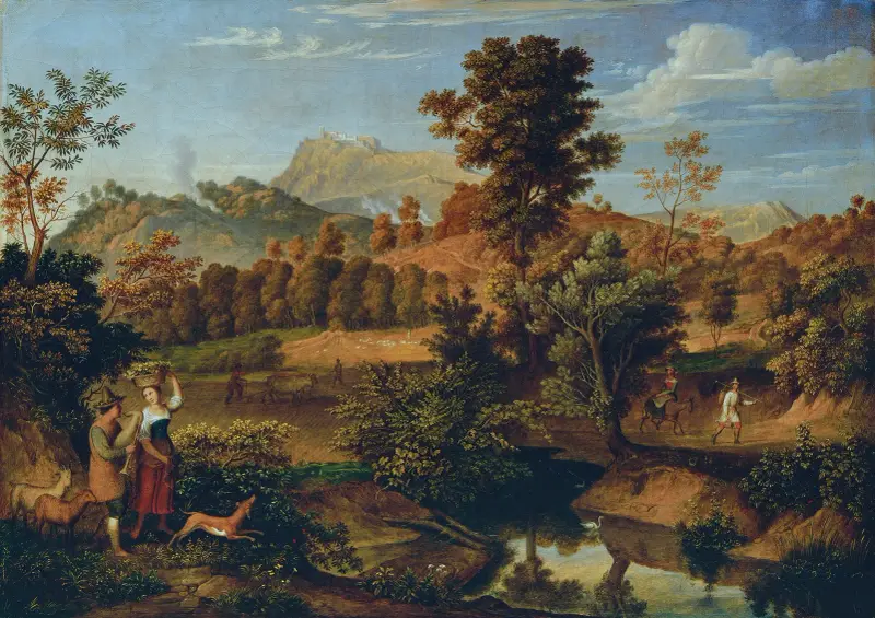 Italienskt landskap med plöjande bonde (Serpentara vid Olevano, landskap vid Paliano) av Joseph Anton Koch