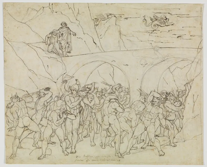 Kuppler, Betrüger und Schmeichler von den Teufeln gepeitscht (Dante Inferno, Canto 18, V 79) av Joseph Anton Koch