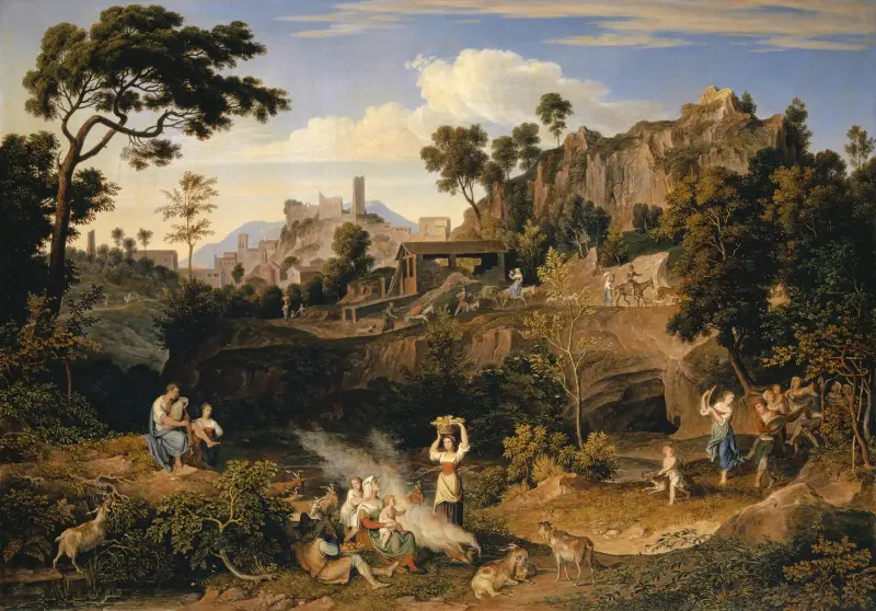 Landscape near Olevano with a Parade of Dancing Peasants av Joseph Anton Koch