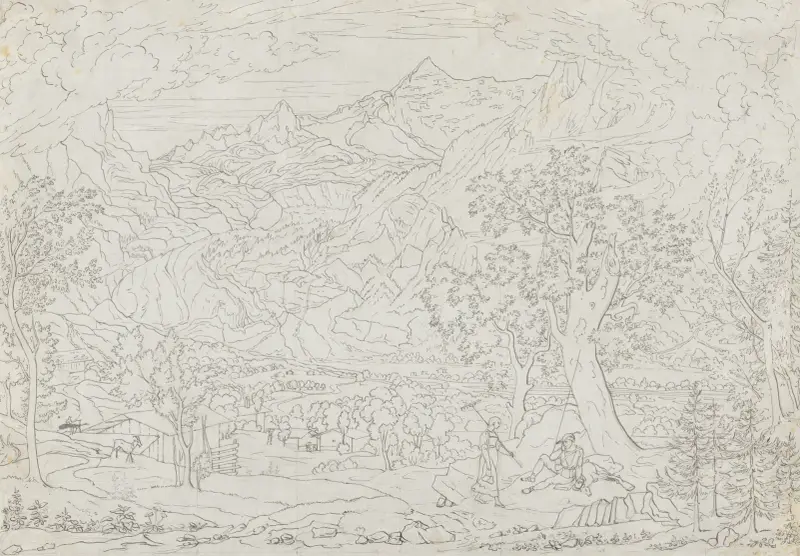 The Grindelwald Glacier with Hunter and Peasant Girl in Foreground av Joseph Anton Koch