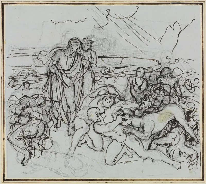 Vergilius besvärar Cerberus (Dantes Inferno, sång 6, vers 13) av Joseph Anton Koch