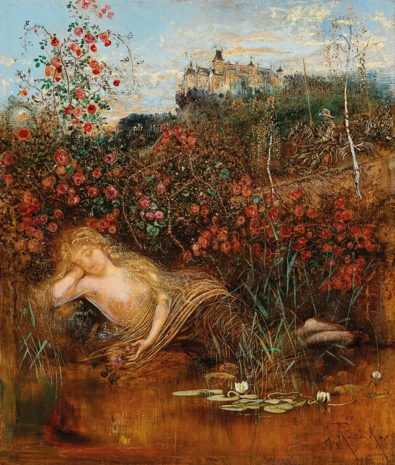 A Kamptal Nymph under a Rose Hedge av Anton Romako