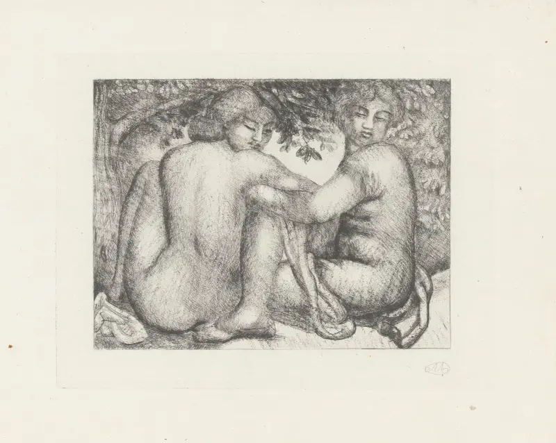 Deux femmes assises sous des feuillages av Aristide Maillol