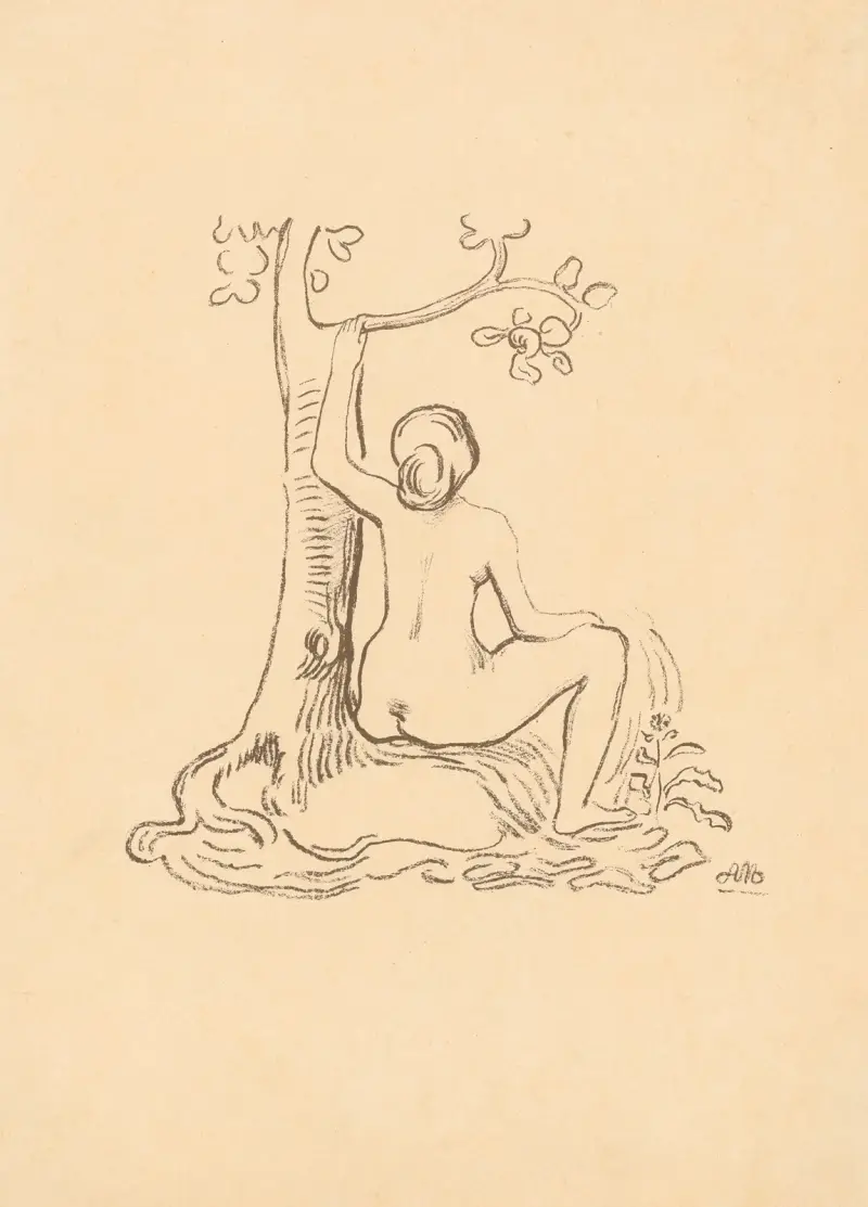 Femme nue assise sous un arbre av Aristide Maillol