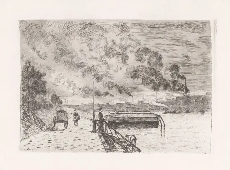 Utsikt över en kaj med fabriker i bakgrunden av Armand Guillaumin