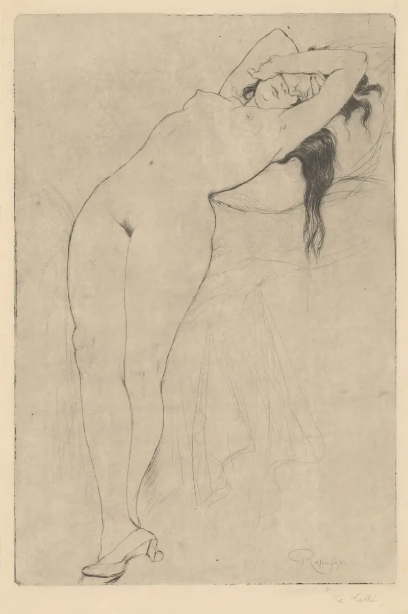 Nackte Frau mit den Händen vor dem Gesicht und dem Oberkörper auf einem Kissen ruhend, Le Léthé von Armand Rassenfosse