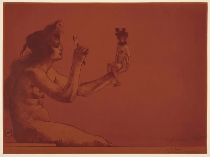 Ontwerp en definitieve versie affiche tentoonstelling van tekeningen-zegels av Armand Rassenfosse