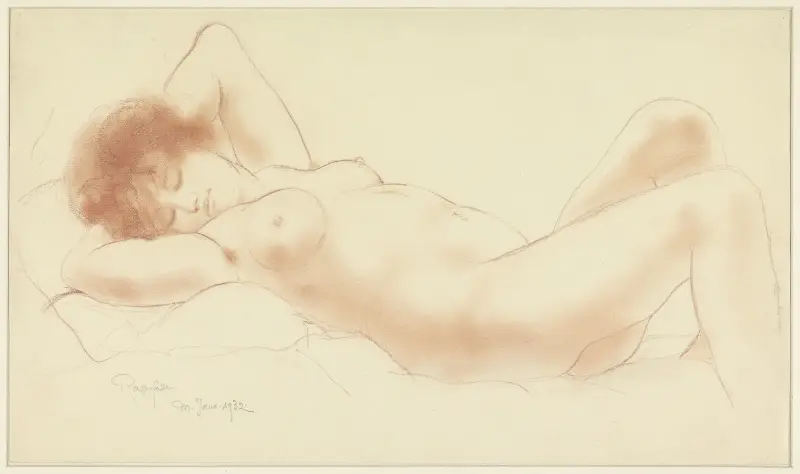 Reclining naked woman, arms under head av Armand Rassenfosse