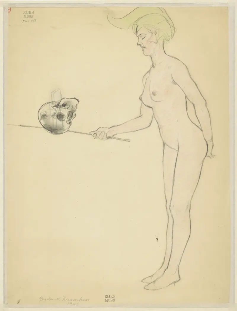 Standing naked woman with a stick and a skull av Armand Rassenfosse