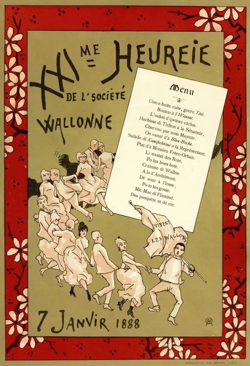 XXIIème Heureie de l’Société wallonne. Menü des einundzwanzigsten Banketts der Société de langue et de littérature wallonnes vom 7. Januar 1888 von Armand Rassenfosse