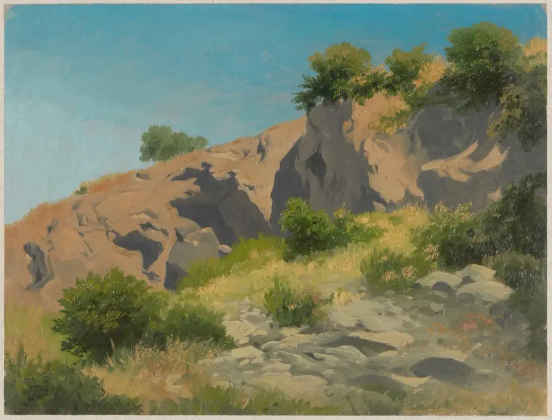 Entry to rock caves overgrown with bushes av Arthur Blaschnik