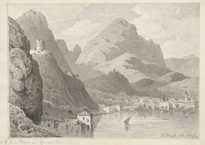 Gardasjön med ruiner av ett venetianskt slott på Monte Rocchetta av Arthur Blaschnik