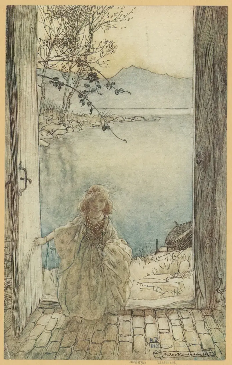 En vacker liten flicka i rika kläder stod där på tröskeln och log av Arthur Rackham