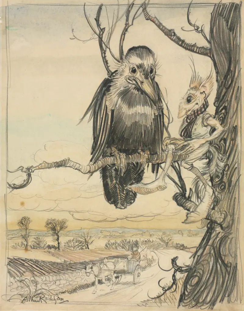 Ein Eichhörnchen und eine Krähe von Arthur Rackham