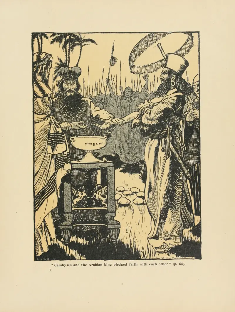 Kambyses och den arabiska kungen svor varandra trohet av Arthur Rackham