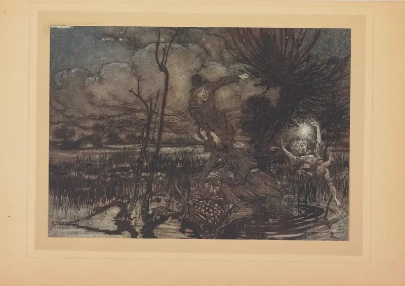 Celui qui égare les vovageurs nocturnes en riant de leurs mésaventures av Arthur Rackham