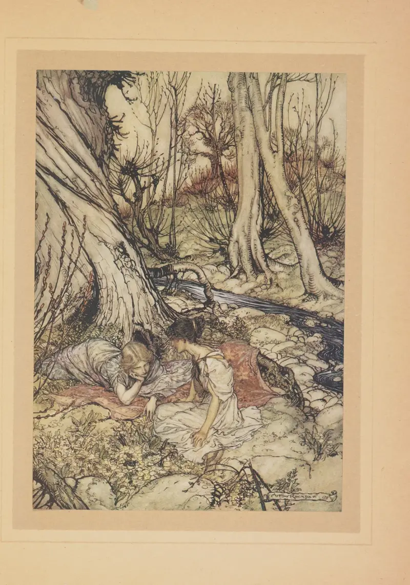 Dans ce bois où si souvent nous avions coutume, vous et moi, de nous coucher sur un lit de tendres primevères en vidant nos cœurs de leurs doux secrets av Arthur Rackham