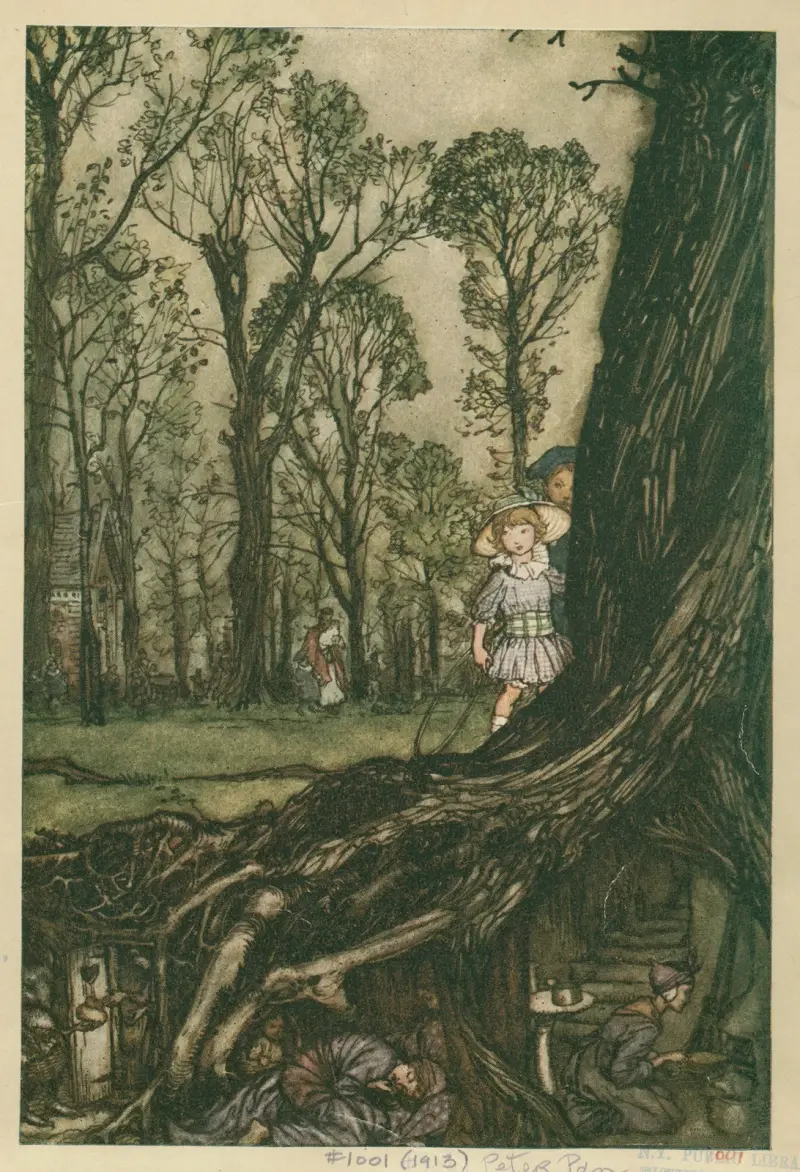 Älvor håller sig mer eller mindre gömda till skymningen av Arthur Rackham