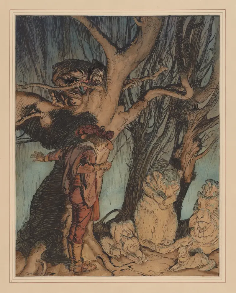 Grimms lillebror och lillasyster. ’Genast låg de stilla …’ av Arthur Rackham