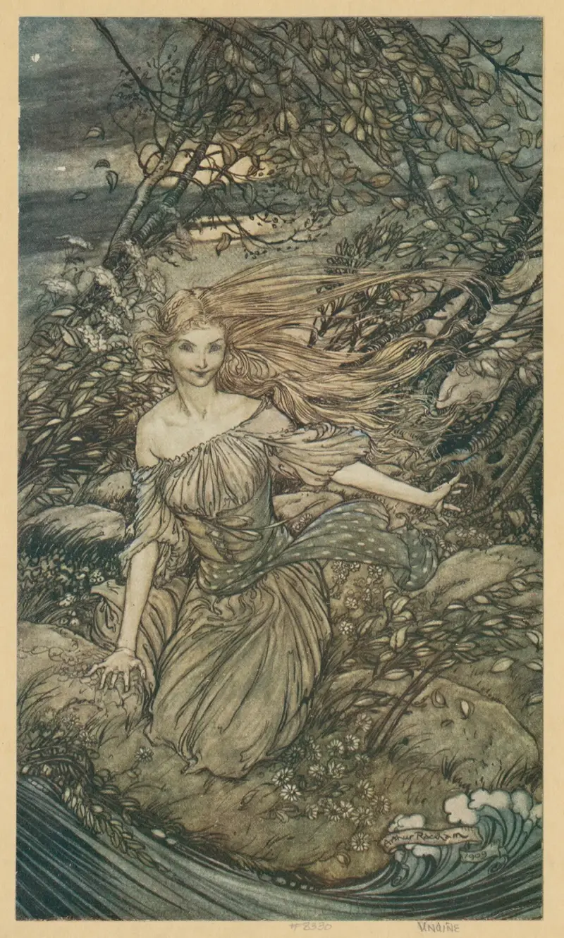 He saw by the moonlight momentarily unveiled, a little island encircled by the flood ; and there under the branches of the overhanging trees was Undine. av Arthur Rackham