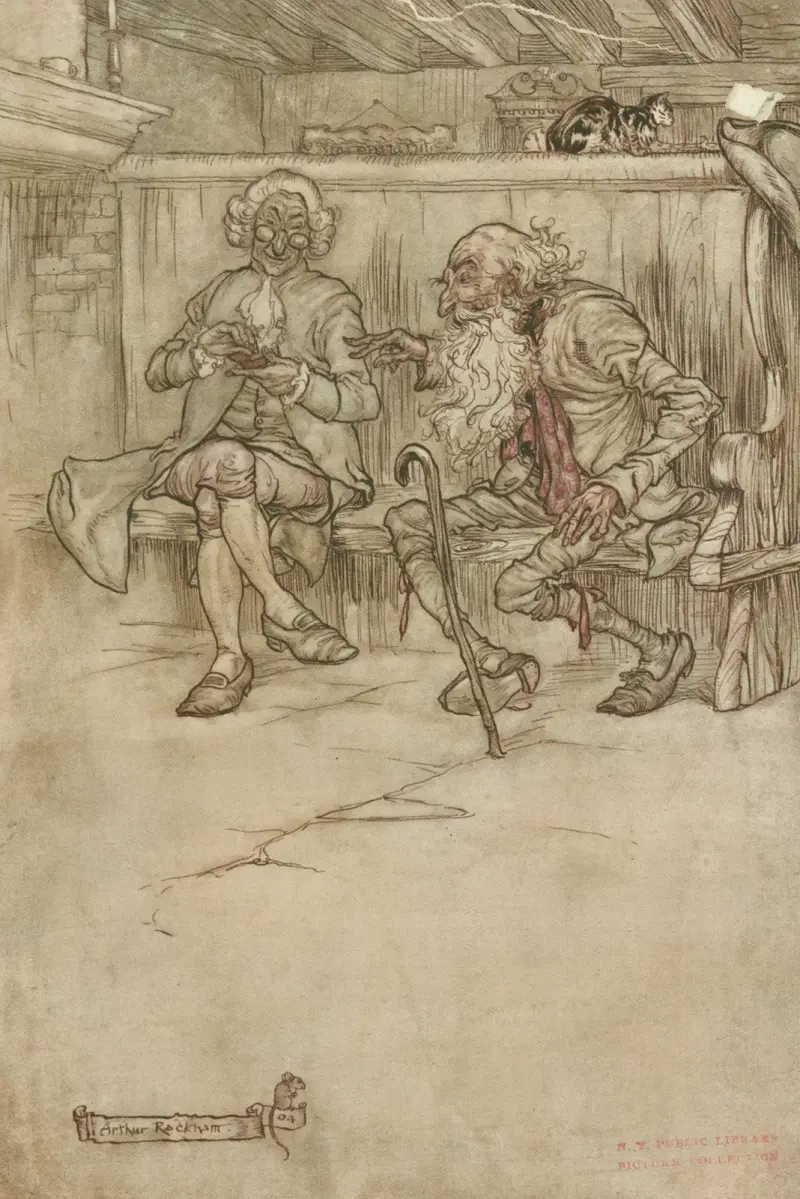 „Er nahm seinen Platz wieder auf der Bank an der Tür des Gasthauses ein“ von Arthur Rackham