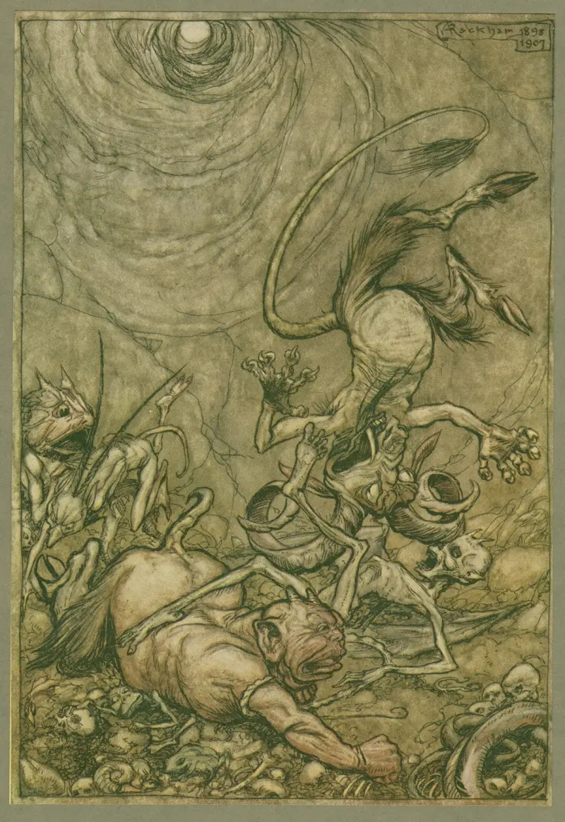 Into the bottomless pit he fell slap. av Arthur Rackham