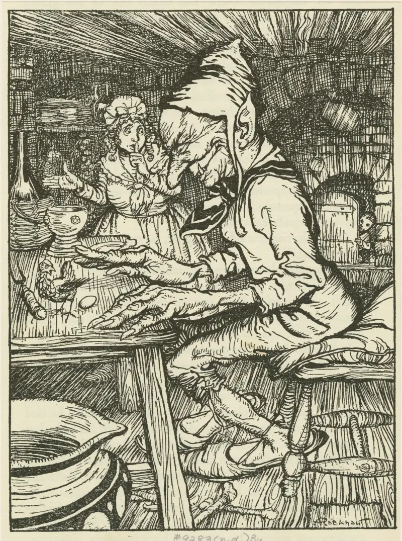 Jack smyger sig in i jättens hus av Arthur Rackham