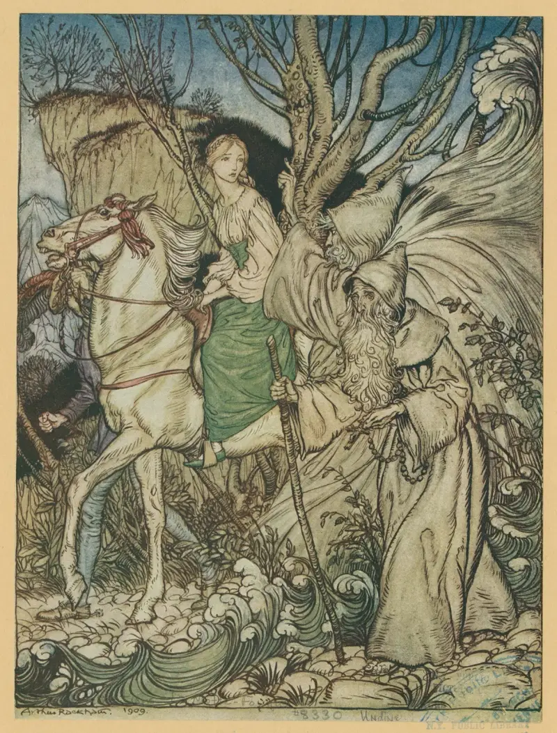 ‘Little niece,’ said Kühleborn, ‘forget not that I am here with thee as a guide.’ av Arthur Rackham