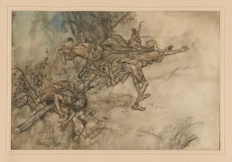 En midsommarnattsdröm. Akt 3, scen 1. 'O monstrous! O strange! we are haunted …' av Arthur Rackham