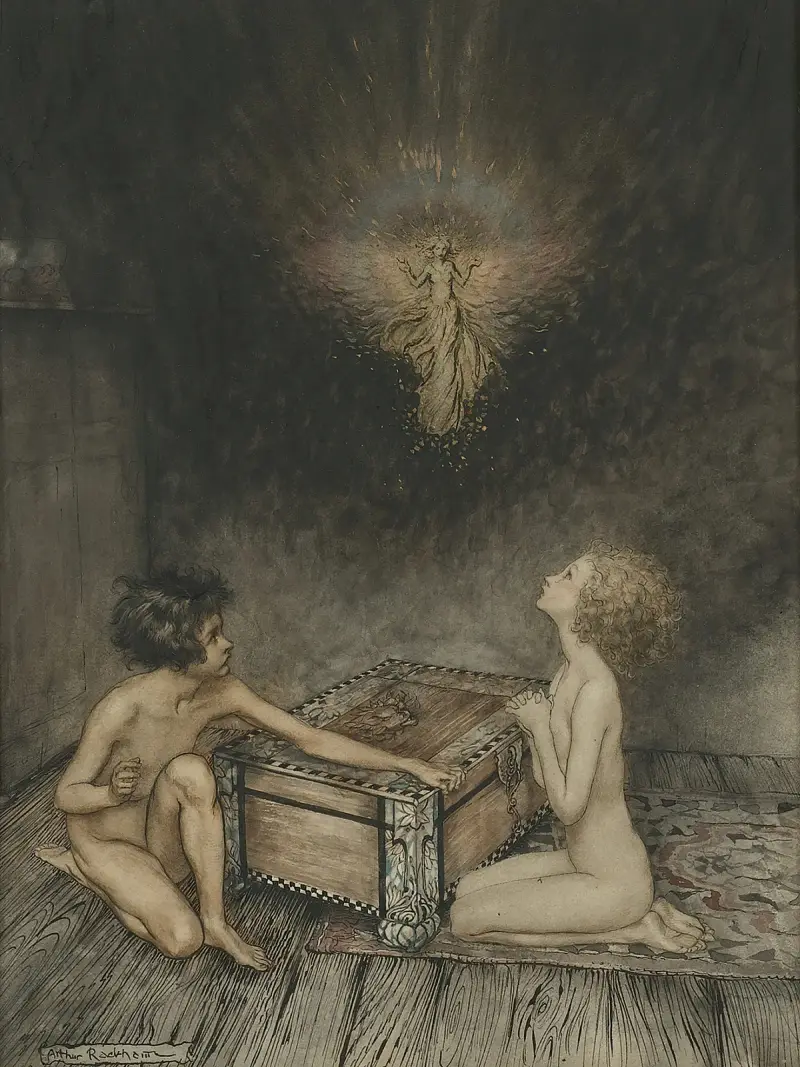 Pandora och Epimetheus av Arthur Rackham