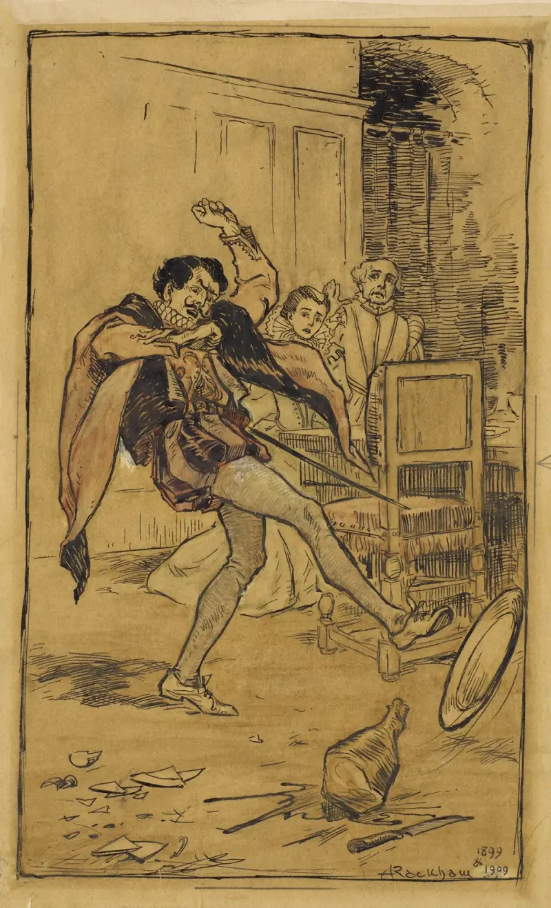 Petruchio kastar köttet på golvet av Arthur Rackham