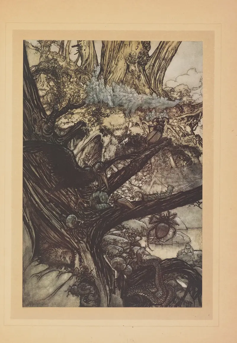 Que jamais malheur, maléfice, ni charme ne s'approche de noire aimable reine von Arthur Rackham