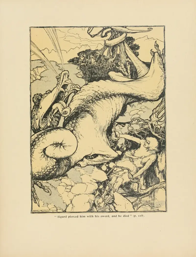 ‘Sigurd pierced him with his sword, and he died’ av Arthur Rackham