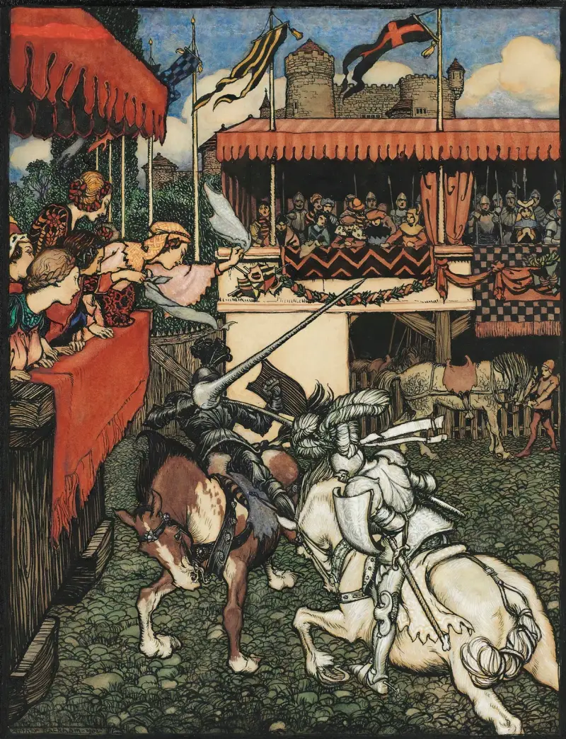 Sir Tristram besegrar Sir Palamedes i Irland av Arthur Rackham