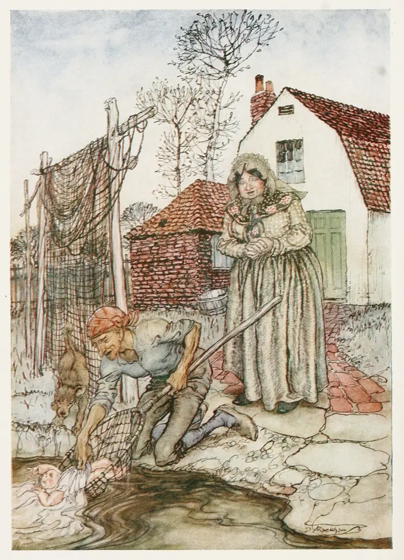 The fisherman and his wife had no children, and they were just longing for a baby av Arthur Rackham