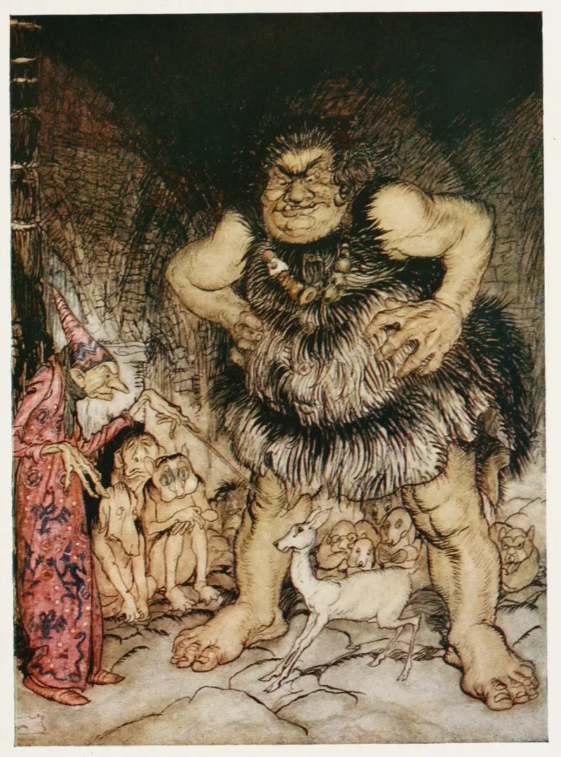 The giant Galligantua and the wicked old magician transform the duke’s daughter into a white hind av Arthur Rackham