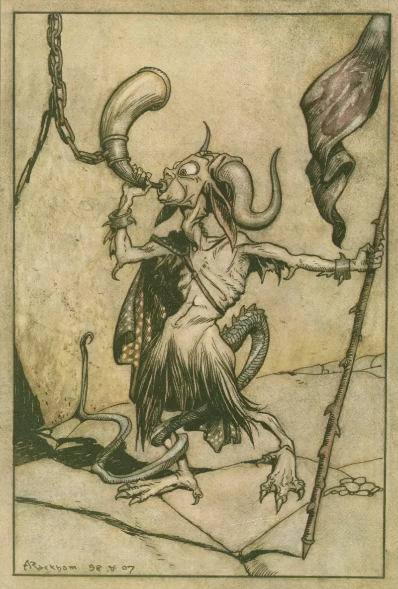 Hornet vid Barbican-tornets port blåstes med kraften av tjugo trumpeter av Arthur Rackham