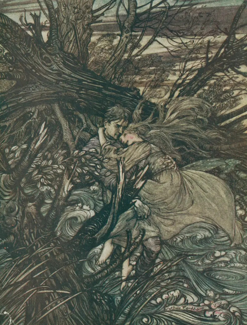 ‚Der Ritter nahm das schöne Mädchen in seine Arme und trug sie über die schmale Stelle, wo der Bach ihre kleine Insel vom Ufer getrennt hatte.‘ von Arthur Rackham