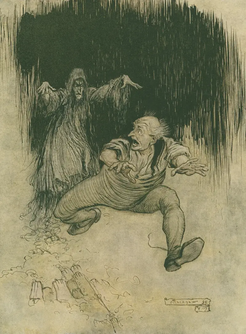 The moment her shadowy form met his view he…made one grasshopper spring to the door–and was gone! av Arthur Rackham