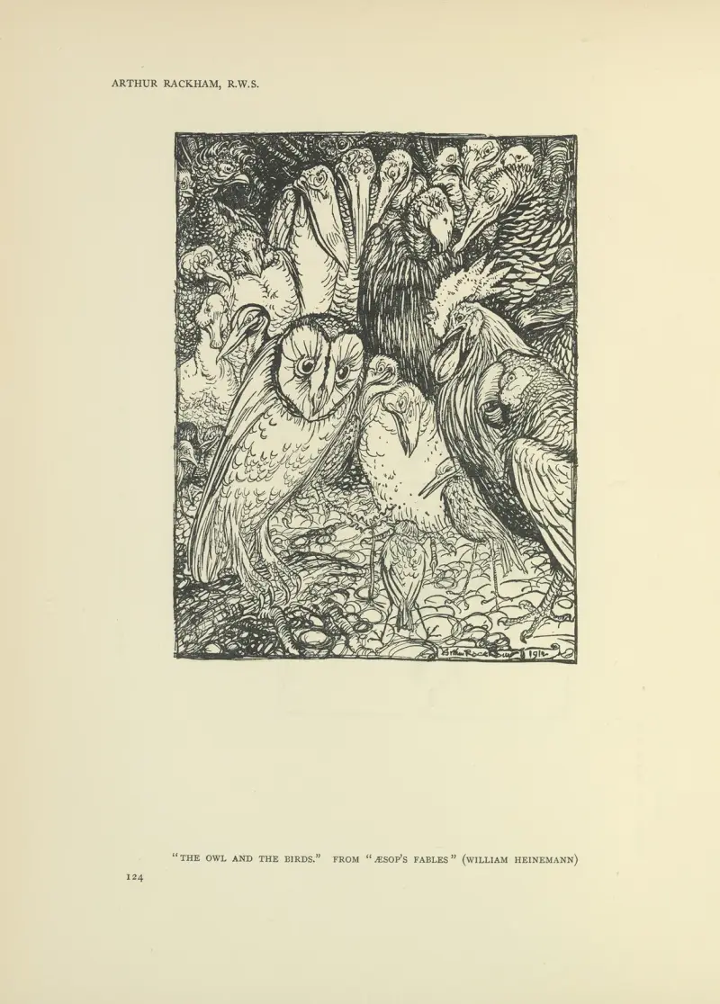 Ugglan och fåglarna – Aesops fabler av Arthur Rackham