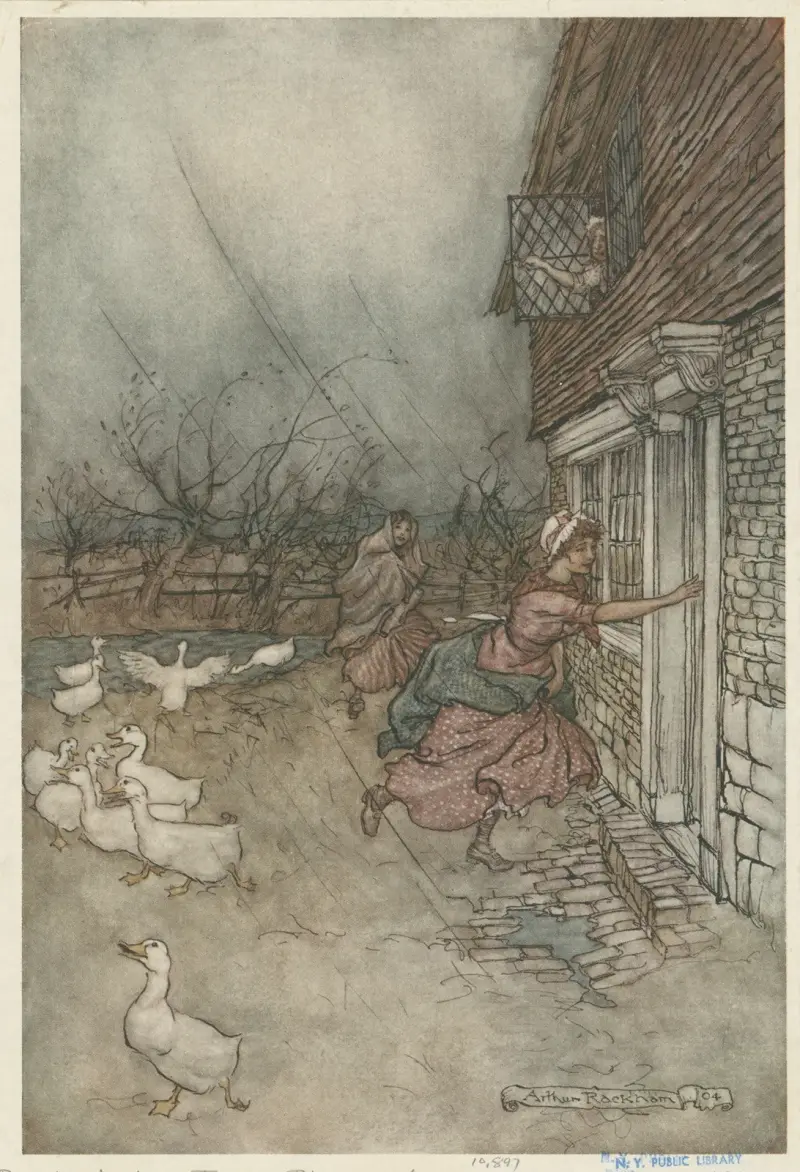 ‘The rain always made a point of setting in just as he had some outdoor work to do’ av Arthur Rackham