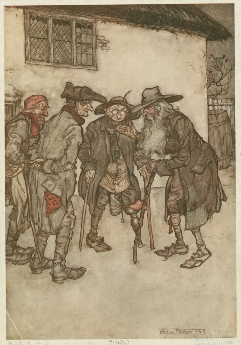‘They crowed round him, eyeing him from head to foot with great curiosity.’ av Arthur Rackham