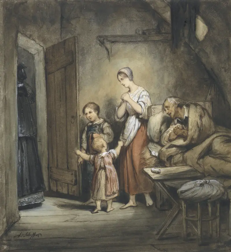 Sjuk man i säng med en kvinna och två barn bredvid av Ary Scheffer