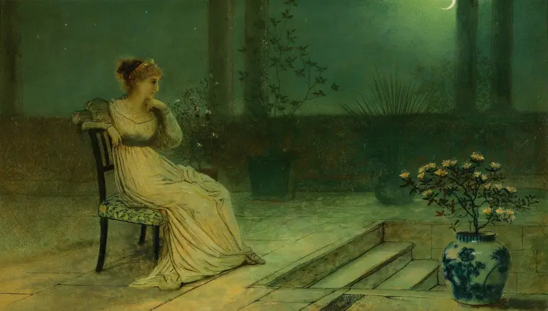 En klassisk ung kvinna sittande på en terrass i månsken av John Atkinson Grimshaw